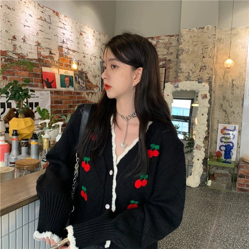 Cherry Embroidery Cardigan Sweater - Black - Kirakira World