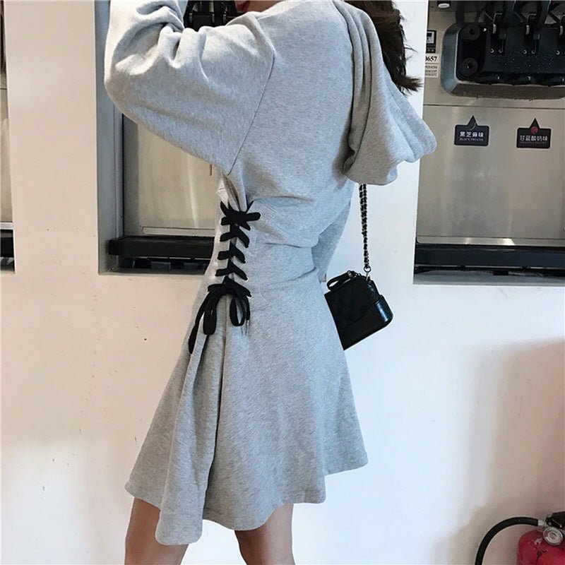 Corset Waist Hooded Dress- Gray - Kirakira World
