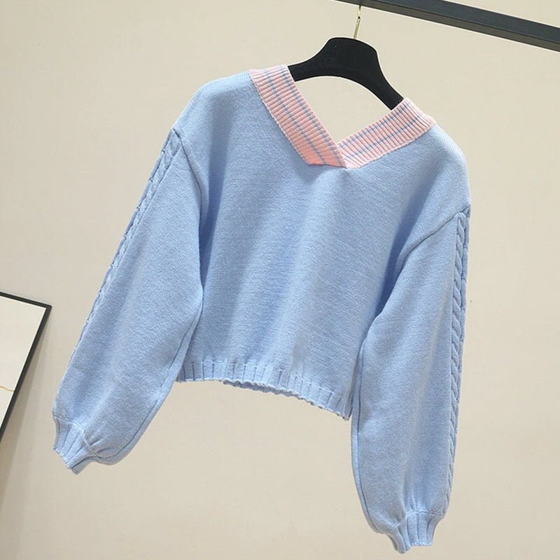 Cotton Candy Color Ribbon V Neck Sweater - Kirakira World - grungestyle - kawaii fashion -kawaii store-kawaii aesthetic - kawaiistyle