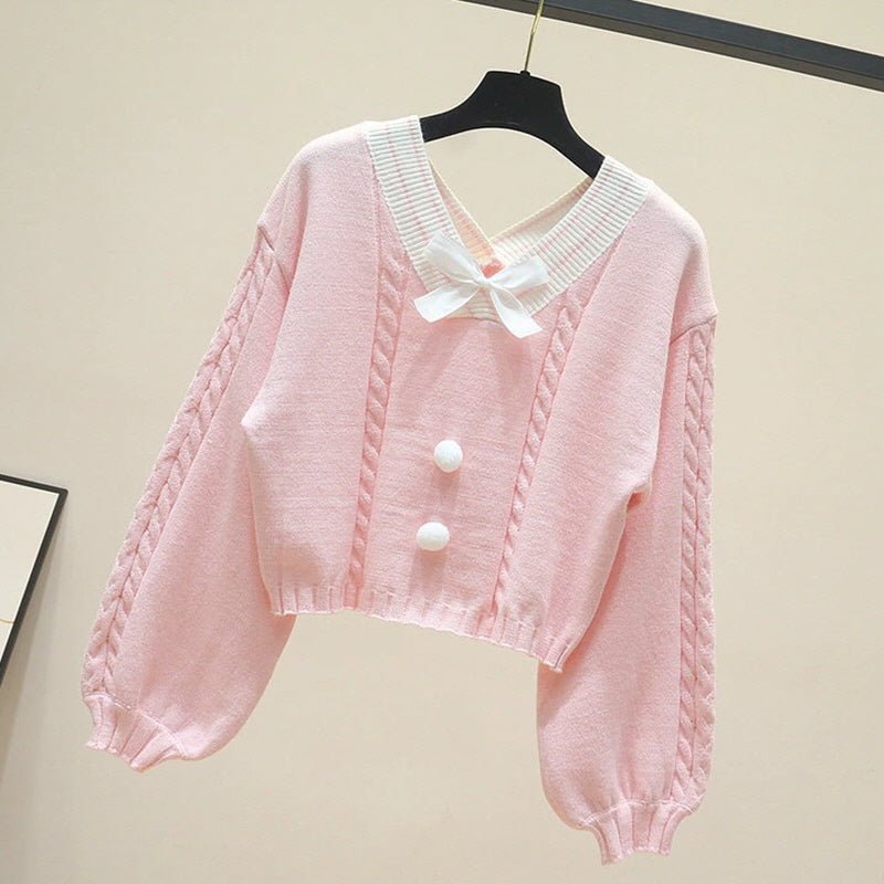 Cotton Candy Color Ribbon V Neck Sweater - Kirakira World - grungestyle - kawaii fashion -kawaii store-kawaii aesthetic - kawaiistyle