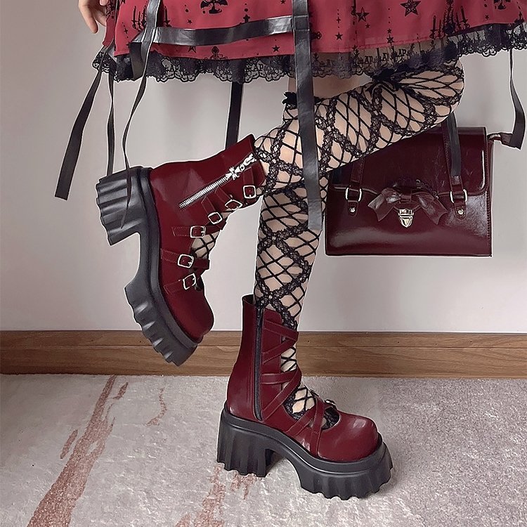Creative Punk X-Strap Boots - Red - Kirakira World