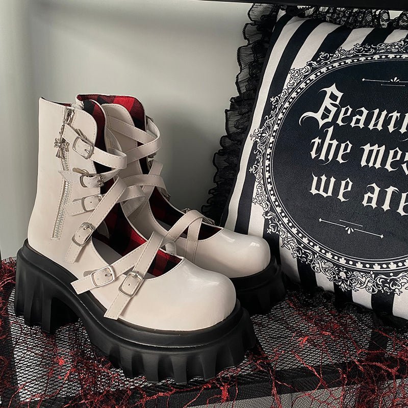 Creative Punk X-Strap Boots - White - Kirakira World
