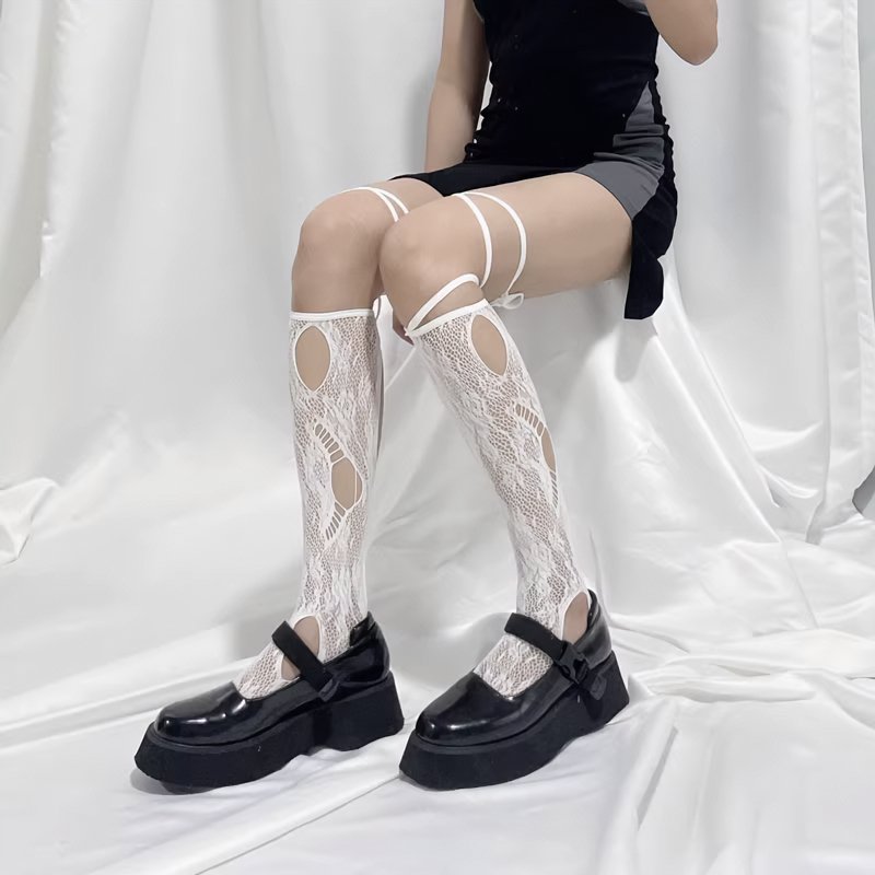 Cut-out Fishnet Knee-High - White - Kirakira World