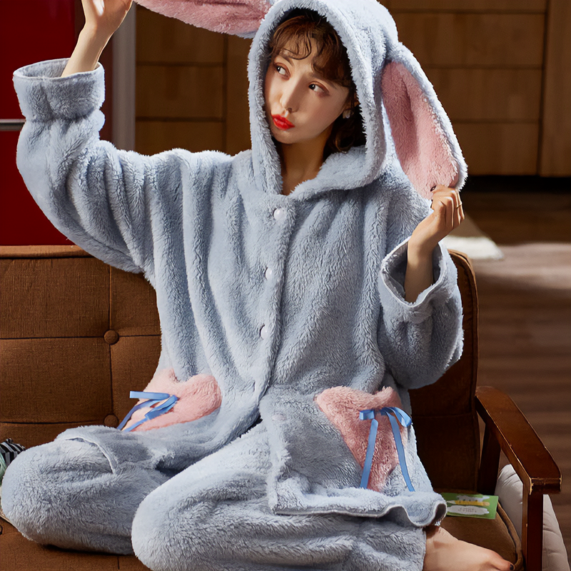 Cute Bunny Ears Plush Hooded Pajama Set - Kirakira World - grungestyle - kawaii fashion -kawaii store-kawaii aesthetic - kawaiistyle