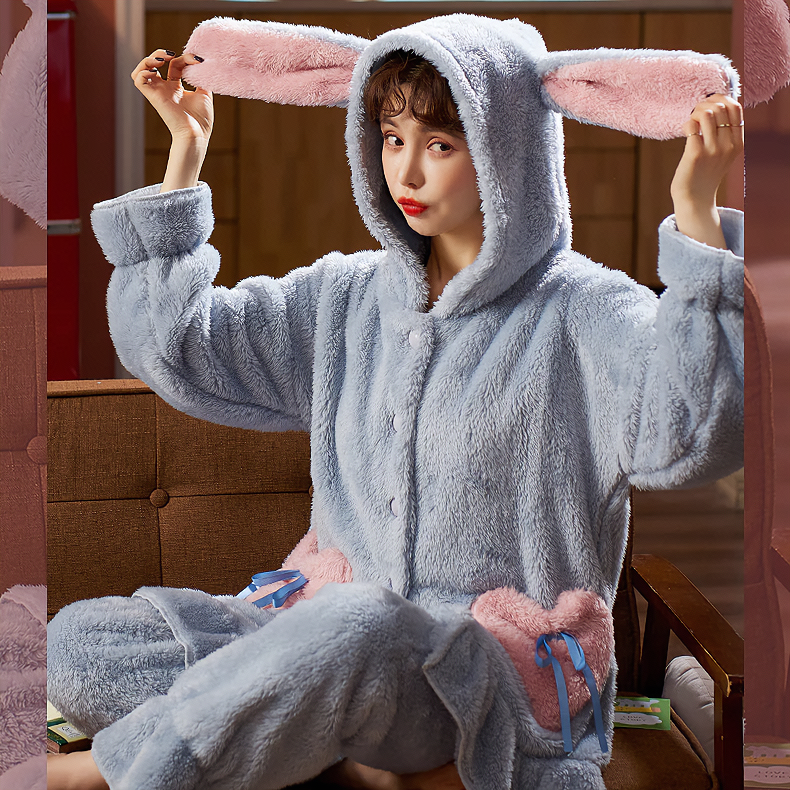 Cute Bunny Ear Bear Hooded Pajamas Set