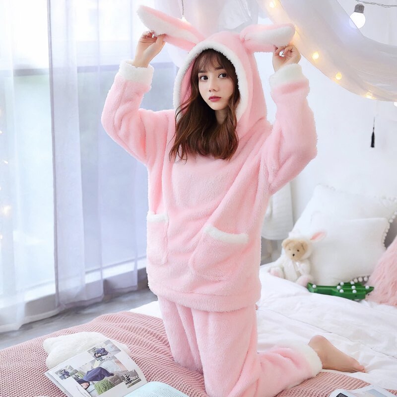 Cute Cat Ear Bunny Hooded Fuzzy Pajamas Set - Kirakira World - grungestyle - kawaii fashion -kawaii store-kawaii aesthetic - kawaiistyle
