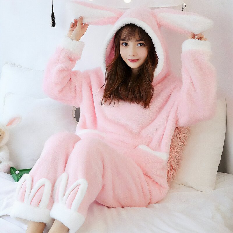 Cute Cat Ear Bunny Hooded Fuzzy Pajamas Set - Kirakira World - grungestyle - kawaii fashion -kawaii store-kawaii aesthetic - kawaiistyle