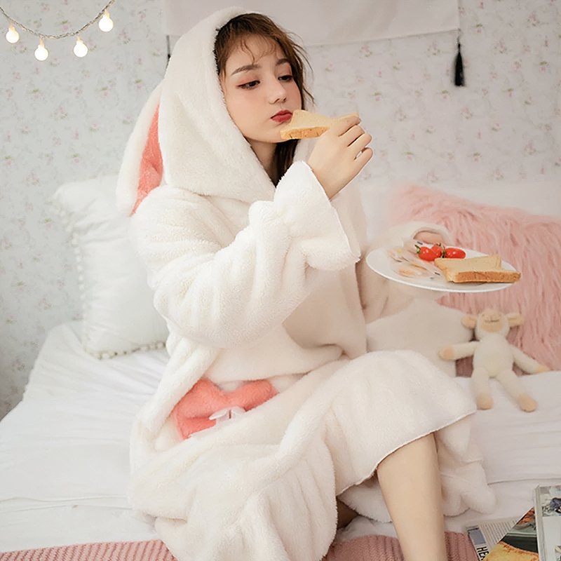 Cute Bunny Ear Hooded Pocket Fuzzy Lounge PJ Dress - Kirakira World - grungestyle - kawaii fashion -kawaii store-kawaii aesthetic - kawaiistyle