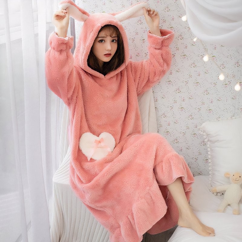 Cute Bunny Ear Hooded Pocket Fuzzy Lounge PJ Dress - Kirakira World - grungestyle - kawaii fashion -kawaii store-kawaii aesthetic - kawaiistyle