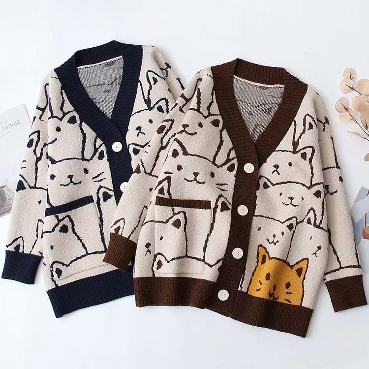 New Cute Cat Printed Cardigan Sweater - Kirakira World - grungestyle - kawaii fashion -kawaii store-kawaii aesthetic - kawaiistyle