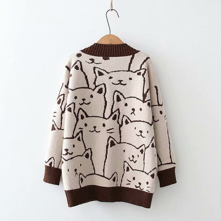New Cute Cat Printed Cardigan Sweater - Kirakira World - grungestyle - kawaii fashion -kawaii store-kawaii aesthetic - kawaiistyle