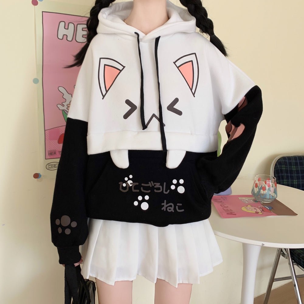 Cute Cat Printed Pullover Hooded Sweatshirt - Kirakira World - grungestyle - kawaii fashion -kawaii store-kawaii aesthetic - kawaiistyle