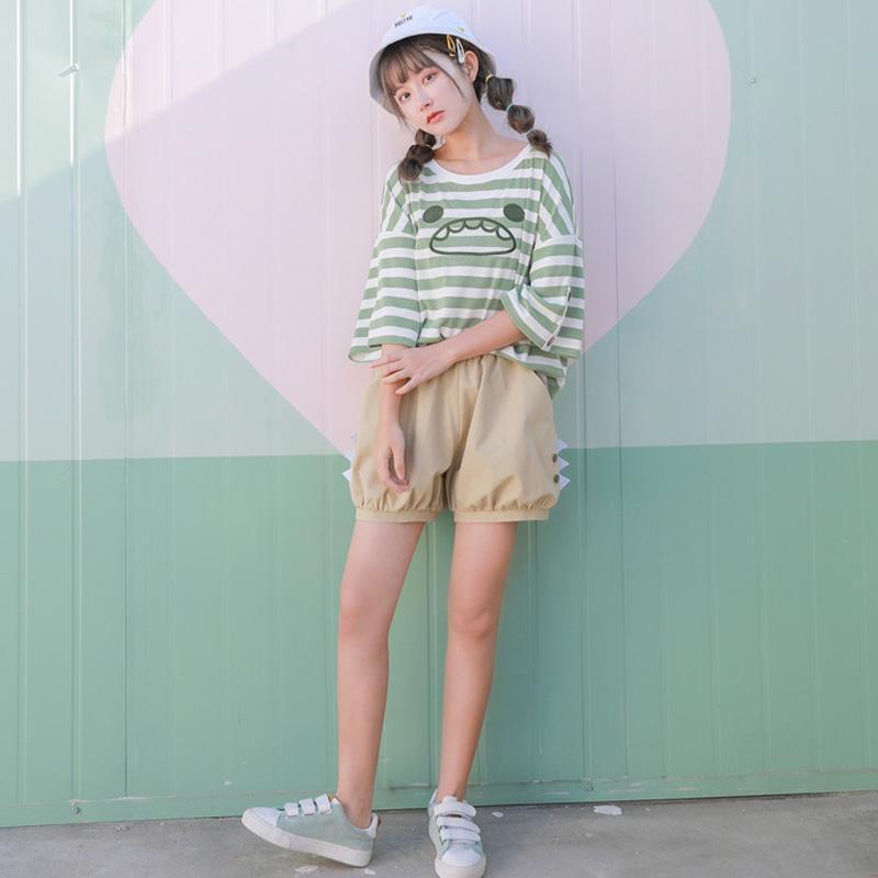 Cute Little Monster Stripe T-Shirt Pocket Overalls - Kirakira World - grungestyle - kawaii fashion -kawaii store-kawaii aesthetic - kawaiistyle