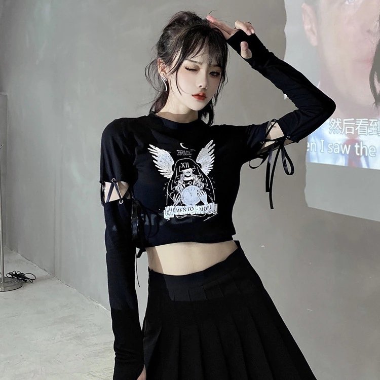 Dark Angel Girl Lace-up Stitching Crop Top - Kirakira World - grungestyle - kawaii fashion -kawaii store-kawaii aesthetic - kawaiistyle