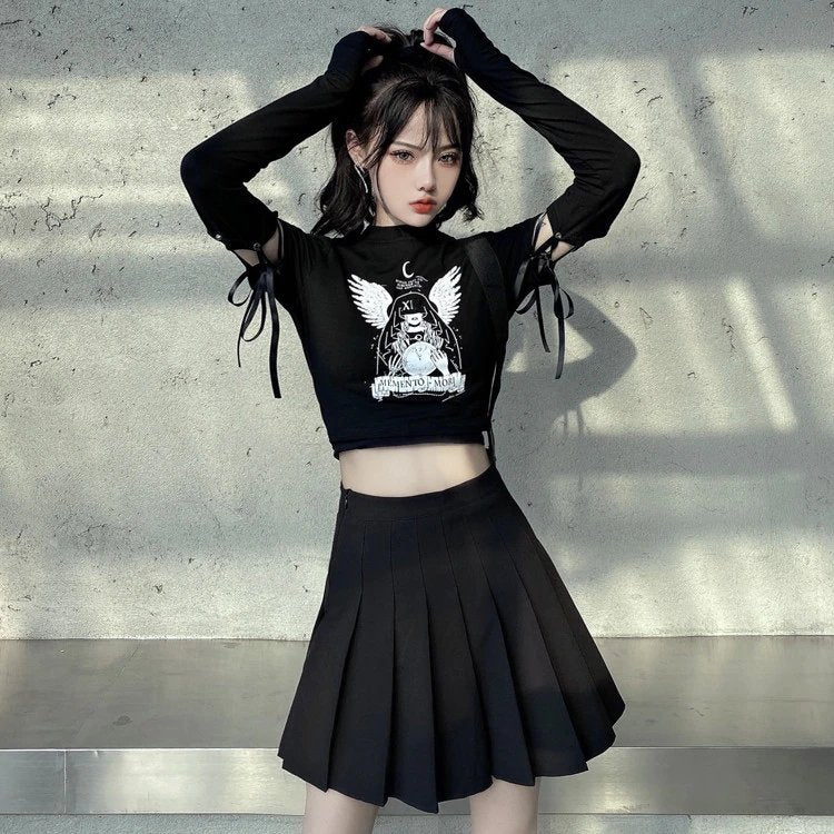 Dark Angel Girl Lace-up Stitching Crop Top - Kirakira World - grungestyle - kawaii fashion -kawaii store-kawaii aesthetic - kawaiistyle