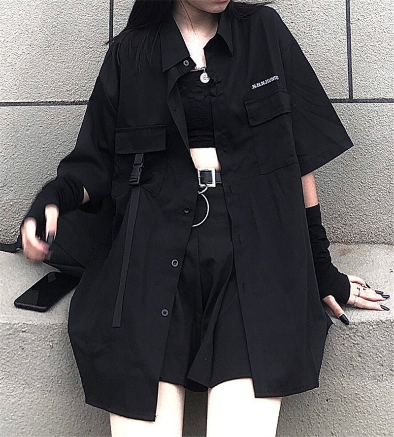 Dark Pocket Button Down Shirt - Kirakira World - grungestyle - kawaii fashion -kawaii store-kawaii aesthetic - kawaiistyle
