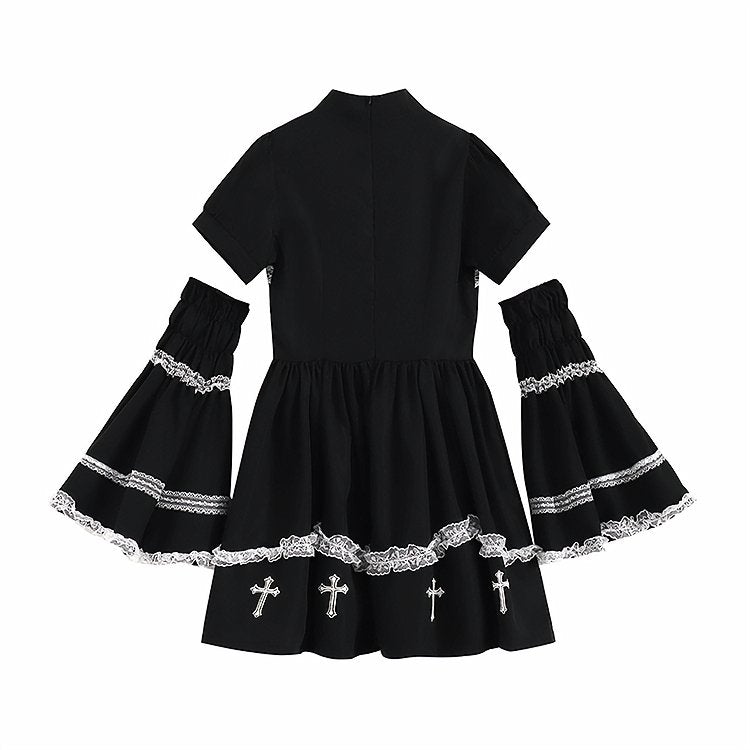 Dark Sweet Cross Trumpet Sleeve Black Dress - Kirakira World
