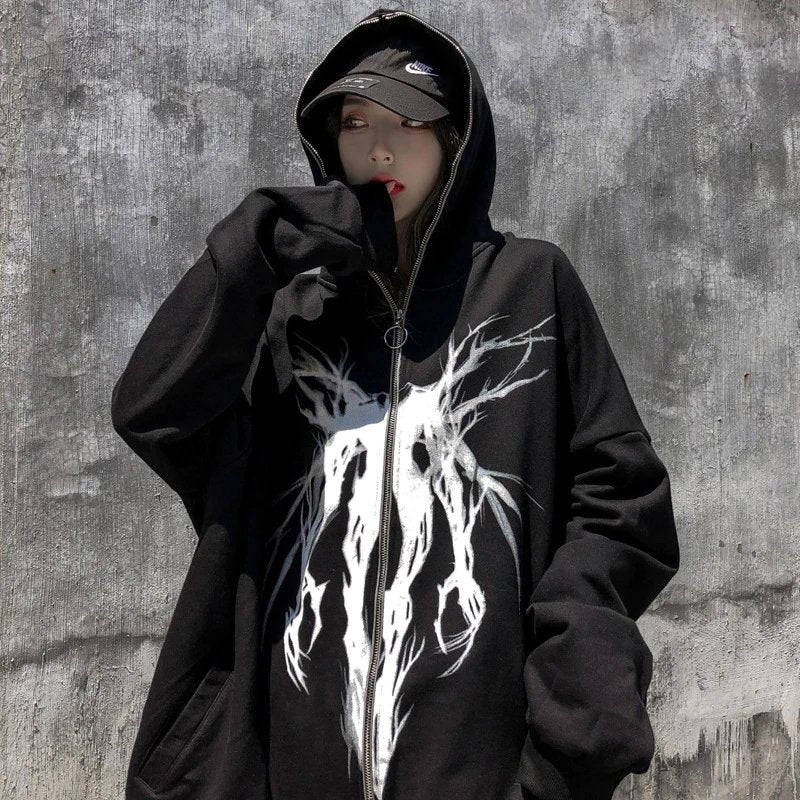 Darkness Graphic Zip Hooded Sweatshirt - Kirakira World - grungestyle - kawaii fashion -kawaii store-kawaii aesthetic - kawaiistyle