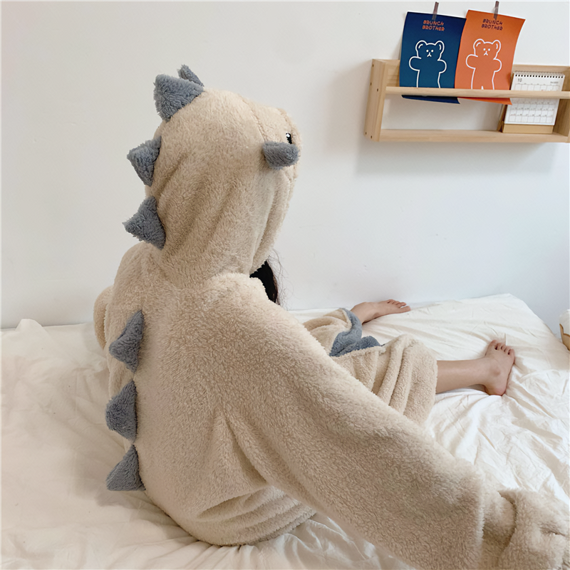 Cartoon Dinosaur Hooded Fuzzy Lounge PJ Dress - Kirakira World - grungestyle - kawaii fashion -kawaii store-kawaii aesthetic - kawaiistyle