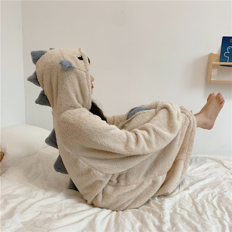 Cartoon Dinosaur Hooded Fuzzy Lounge PJ Dress - Kirakira World - grungestyle - kawaii fashion -kawaii store-kawaii aesthetic - kawaiistyle