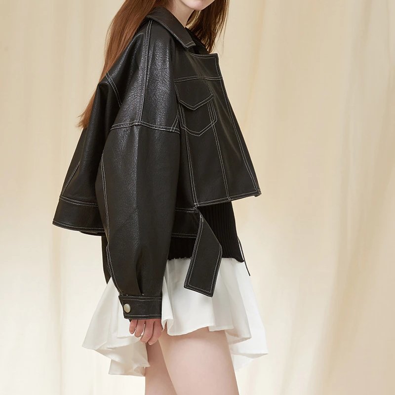 E- Girl Black PU Short Jacket - Kirakira World - grungestyle - kawaii fashion -kawaii store-kawaii aesthetic - kawaiistyle