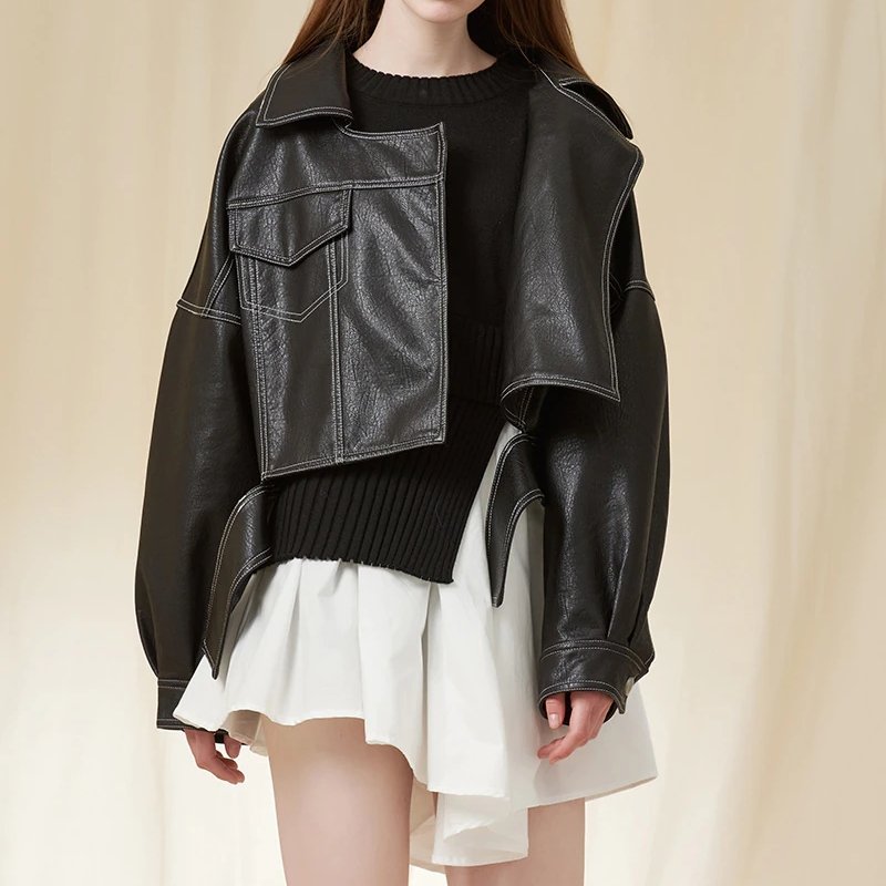E- Girl Black PU Short Jacket - Kirakira World - grungestyle - kawaii fashion -kawaii store-kawaii aesthetic - kawaiistyle