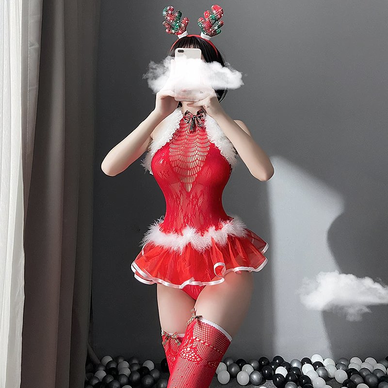 Sexy Christmas Fishnet Slip Lingerie Bodysuit - Kirakira World - grungestyle - kawaii fashion -kawaii store-kawaii aesthetic - kawaiistyle