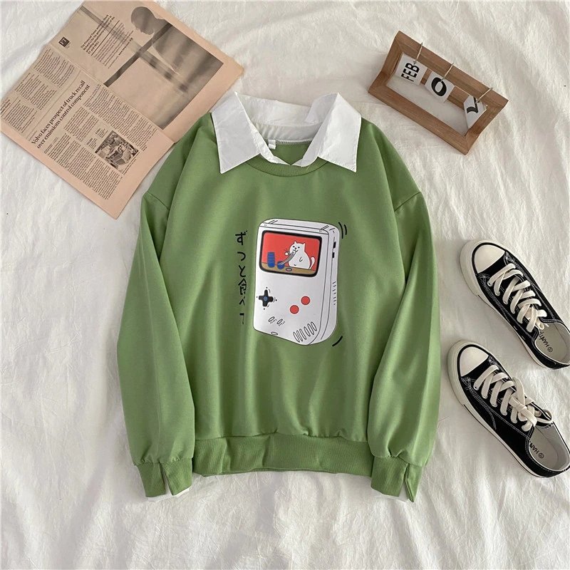 Game Console Printed Fake Collar Sweatshirt - Kirakira World - grungestyle - kawaii fashion -kawaii store-kawaii aesthetic - kawaiistyle