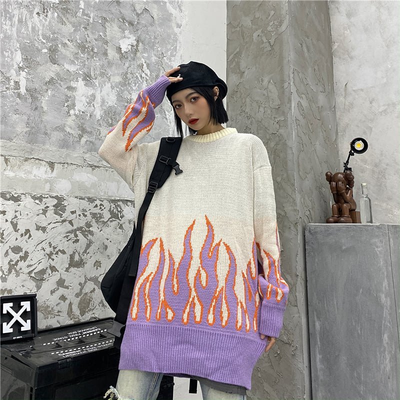 Girlfriend Boyfriend Flame Pattern Oversized Sweater - Kirakira World - grungestyle - kawaii fashion -kawaii store-kawaii aesthetic - kawaiistyle
