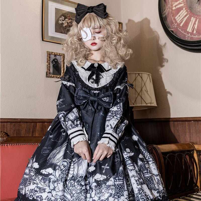Gothic Print Bow Ruffle Doll Collar Lolita Dress - Kirakira World - grungestyle - kawaii fashion -kawaii store-kawaii aesthetic - kawaiistyle
