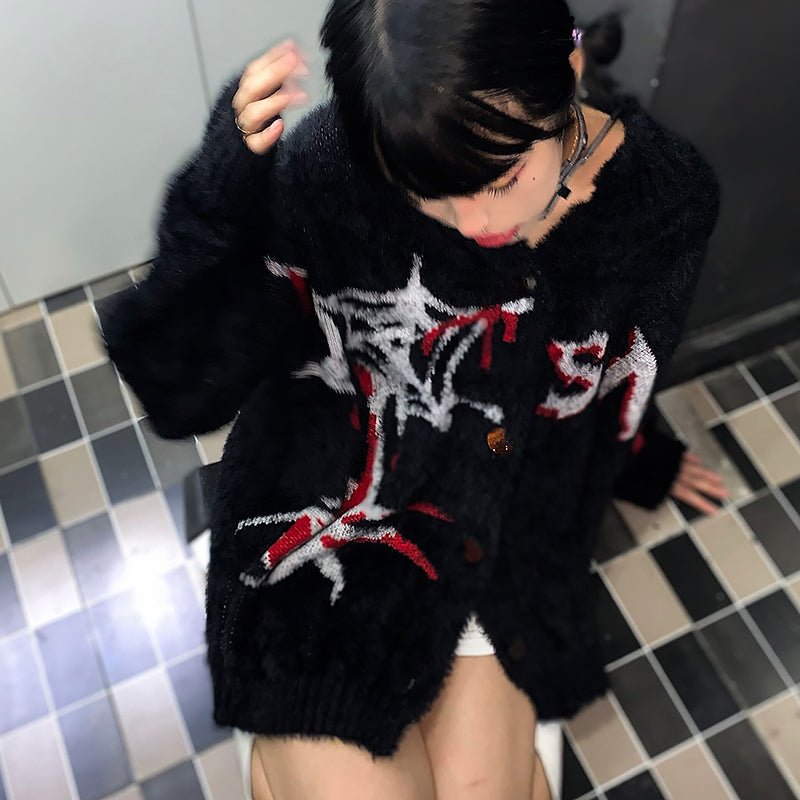 Grunge Spider Graphic Soft Knit Cardigan - Kirakira World - grungestyle - kawaii fashion -kawaii store-kawaii aesthetic - kawaiistyle