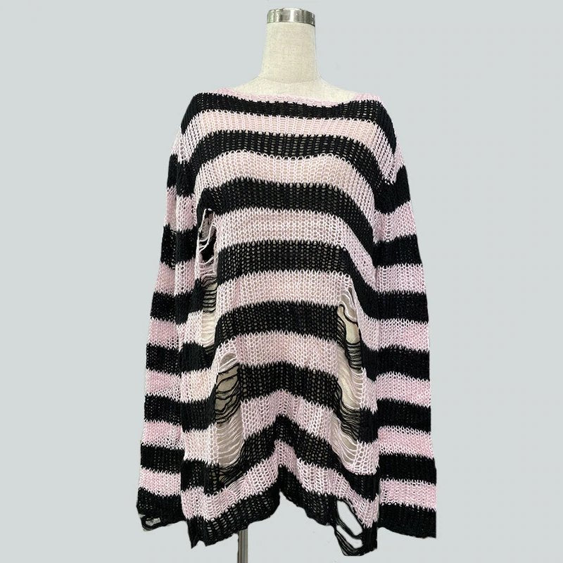 Grunge Striped Ripped Long Sweater - Kirakira World - grungestyle - kawaii fashion -kawaii store-kawaii aesthetic - kawaiistyle