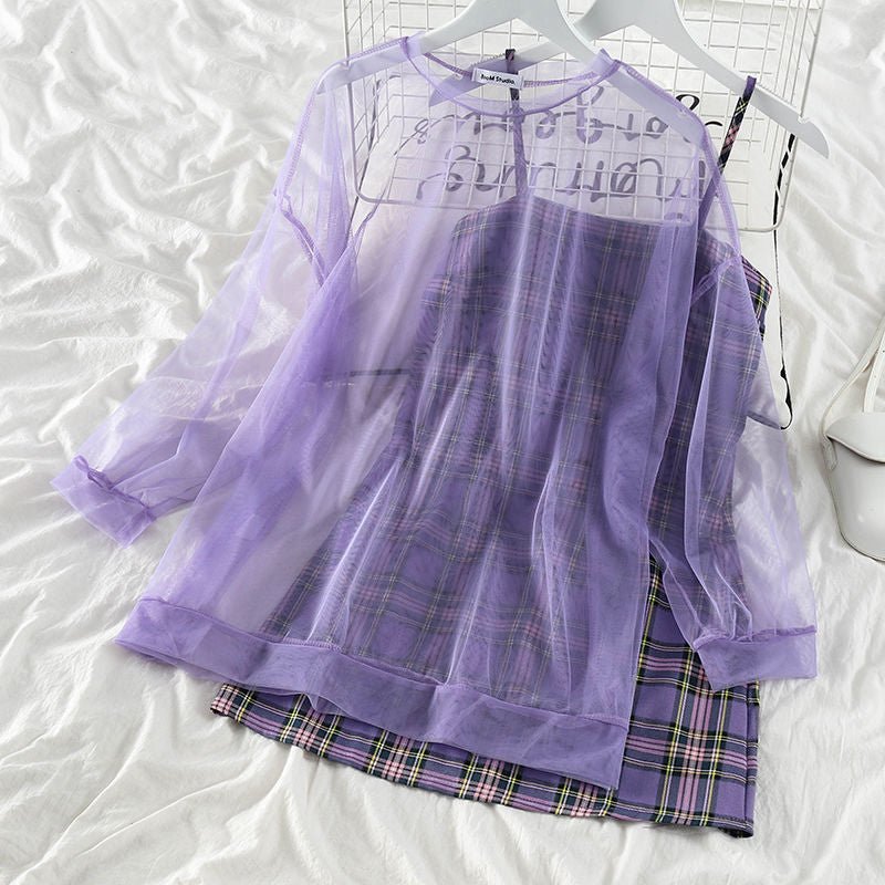 Purple Aesthetic Mesh Plaid Summer Dress - Kirakira World - grungestyle - kawaii fashion -kawaii store-kawaii aesthetic - kawaiistyle