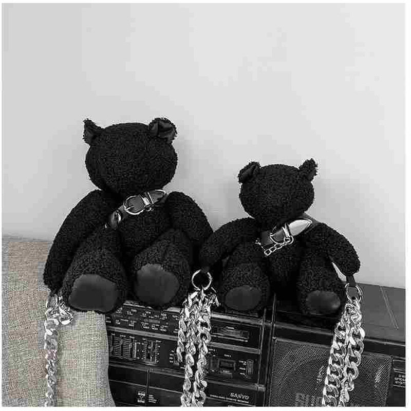 Dark Black Plush Bear Crossbody Bag - Kirakira World - grungestyle - kawaii fashion -kawaii store-kawaii aesthetic - kawaiistyle