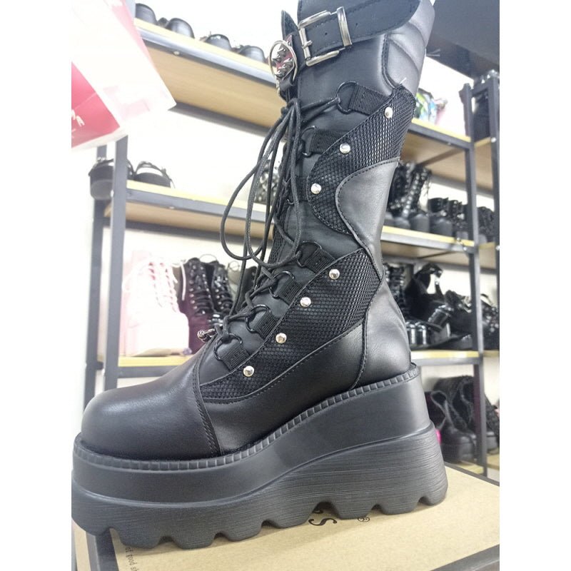 Punk Lace-Up Mid Calf Platform Boots - Kirakira World - grungestyle - kawaii fashion -kawaii store-kawaii aesthetic - kawaiistyle