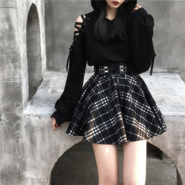 High Waist Plaid Mini Skirt - Black - Kirakira World - grungestyle - kawaii fashion -kawaii store-kawaii aesthetic - kawaiistyle