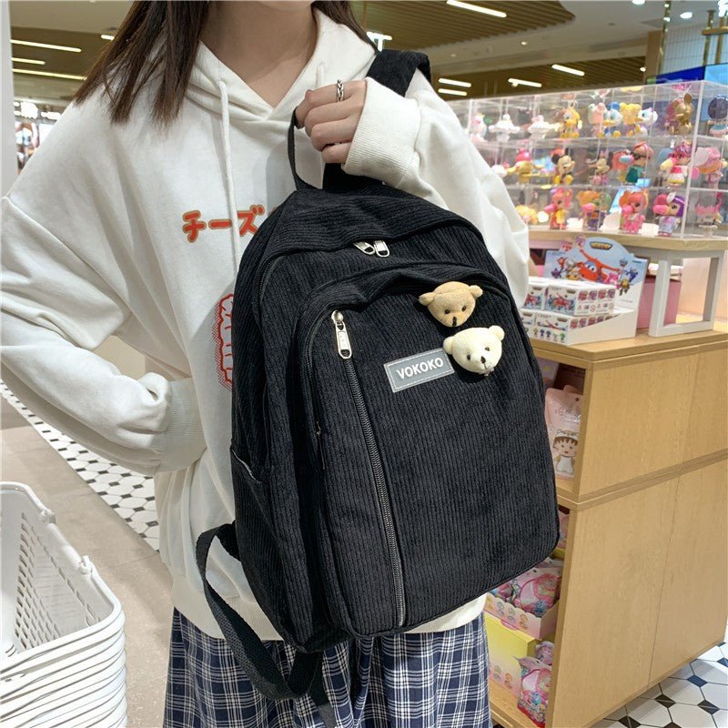 Kawaii Bear Pin Corduroy Backpack - Kirakira World - grungestyle - kawaii fashion -kawaii store-kawaii aesthetic - kawaiistyle