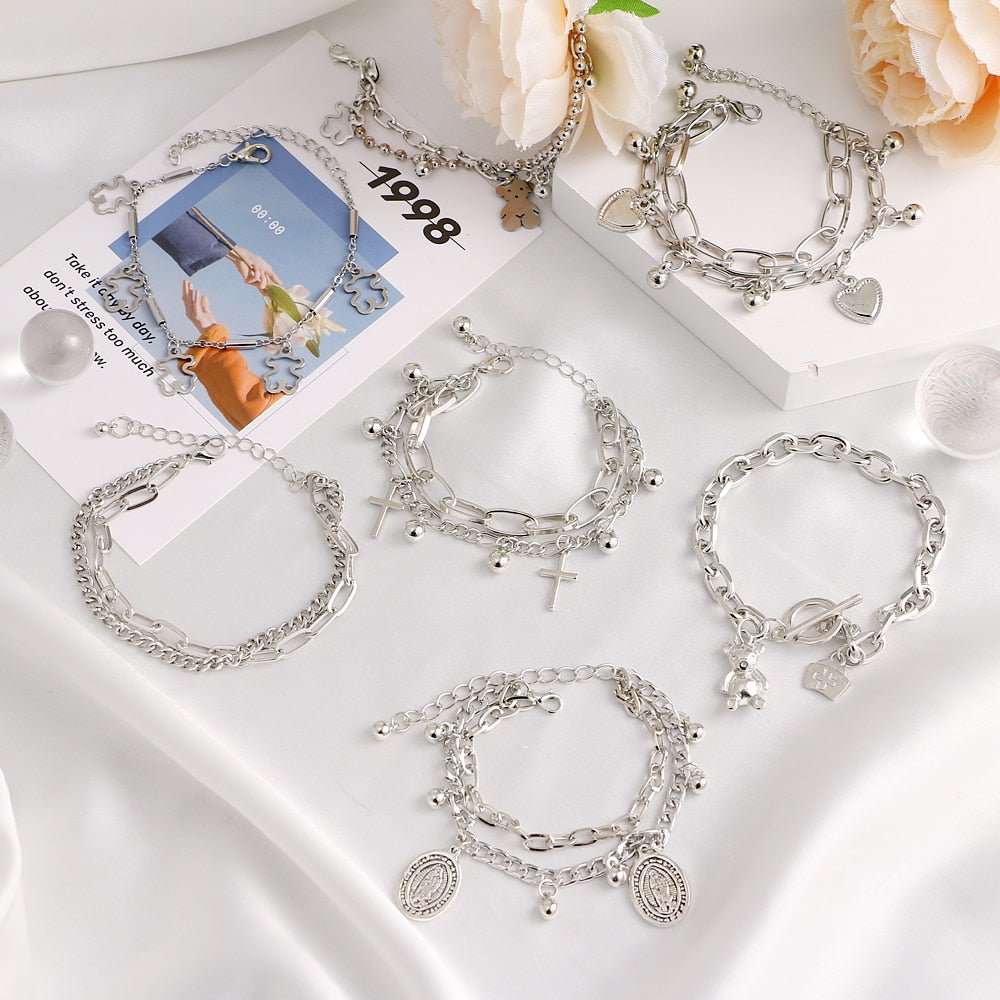 Silver Color Thick Chain Charm Bracelet - Kirakira World - grungestyle - kawaii fashion -kawaii store-kawaii aesthetic - kawaiistyle