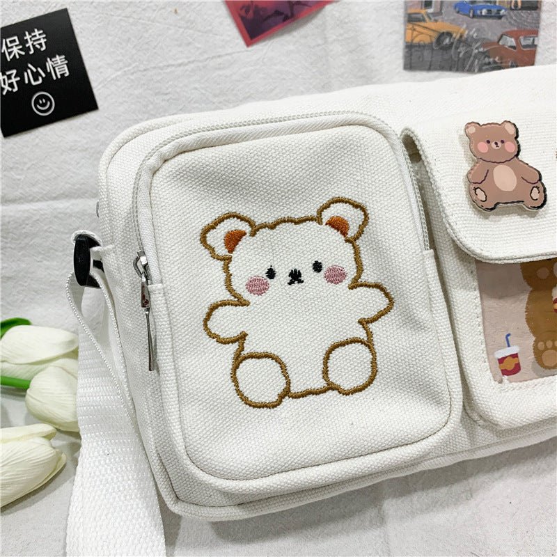 Cute Bear Embroidery Canvas Crossbody Bag - Kirakira World - grungestyle - kawaii fashion -kawaii store-kawaii aesthetic - kawaiistyle
