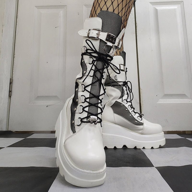 Lace-Up Mid Calf Platform Boots - White - Kirakira World