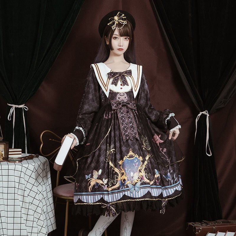 📢 Non-Returnable Products- Fantasy Fairy Tale Print Bow Ruffle Collar Lolita Dress - Kirakira World - grungestyle - kawaii fashion -kawaii store-kawaii aesthetic - kawaiistyle