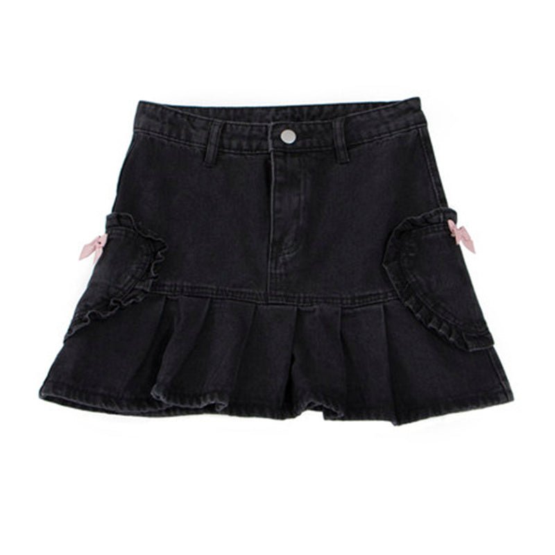 Pastel Goth Bow Pocket Black Denim Skirt - Kirakira World - grungestyle - kawaii fashion -kawaii store-kawaii aesthetic - kawaiistyle
