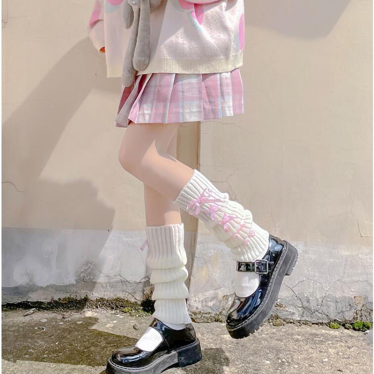 Kawaii Bow Tie Lace Up Leg Warmer Socks - Kirakira World - grungestyle - kawaii fashion -kawaii store-kawaii aesthetic - kawaiistyle