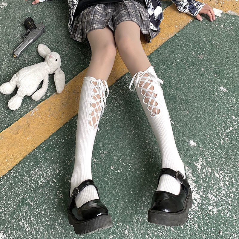 Cross Lace Strap Socks - Kirakira World - grungestyle - kawaii fashion -kawaii store-kawaii aesthetic - kawaiistyle