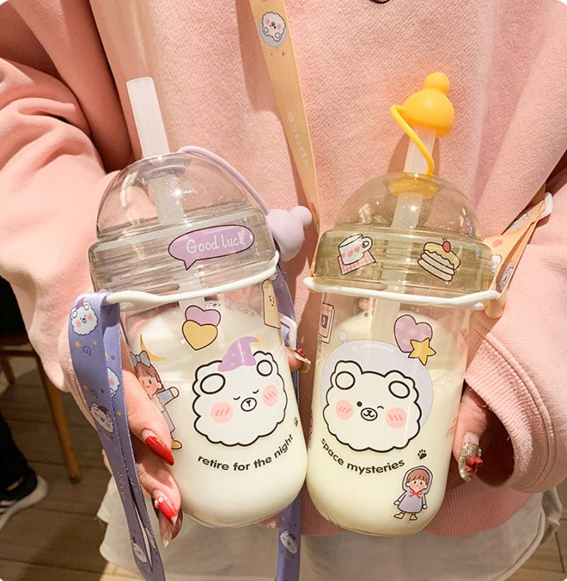Kawaii Cute Straw Cap Transparency Plastic Water Bottle - Kirakira World - grungestyle - kawaii fashion -kawaii store-kawaii aesthetic - kawaiistyle