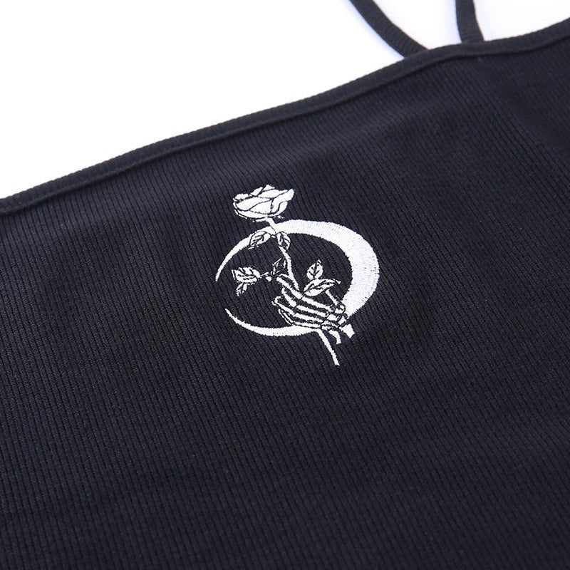 Goth Embroidery Knit Cami Crop Top - Kirakira World - grungestyle - kawaii fashion -kawaii store-kawaii aesthetic - kawaiistyle