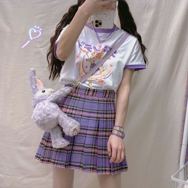 Japanese Purple Pleated Plaid Mini Skirt - Kirakira World - grungestyle - kawaii fashion -kawaii store-kawaii aesthetic - kawaiistyle