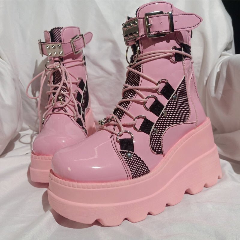 Punk Lace-Up Platform Boots - Pink - Kirakira World