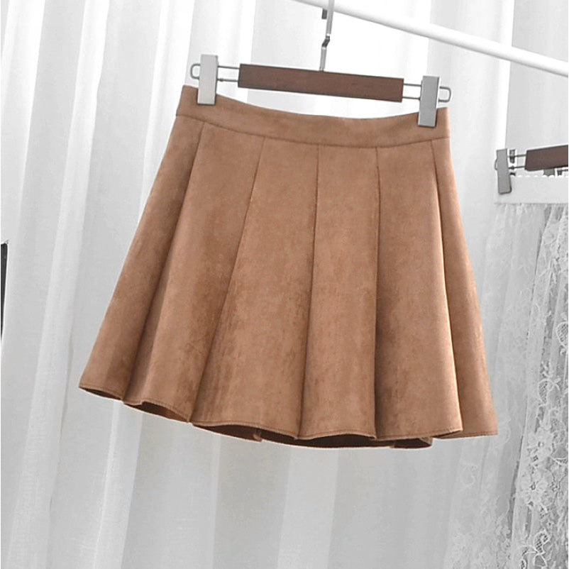 Preppy Style Suede Pleated Skirt - Kirakira World - grungestyle - kawaii fashion -kawaii store-kawaii aesthetic - kawaiistyle