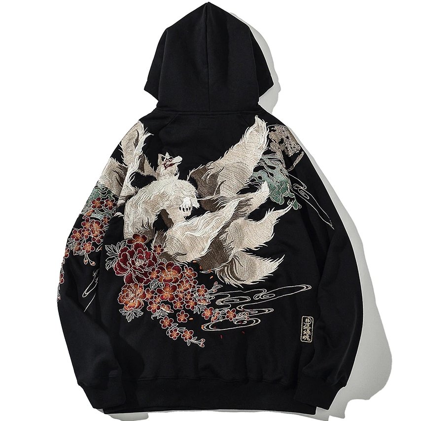 Harajuku Style Nine-tailed Fox Embroidery Hoodie - Kirakira World - grungestyle - kawaii fashion -kawaii store-kawaii aesthetic - kawaiistyle